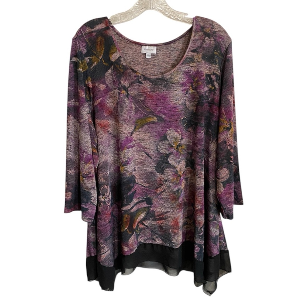 Avenue Women’s Sz 18/20 Floral Top Purple Black Burnout Pullover Stretchy Comfy
